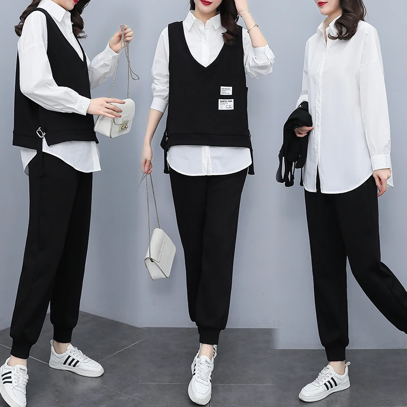 2023 Women Autum Large Size 4XL Slim Three Piece Set Long Sleeve Blouse Vest Tops And Pants Casual Elegant Black Lose Sportswear
2023 Women Autum Large Size 4XL Slim Three Piece Set Long Sleeve Blouse Vest Tops And Pants Casual Elegant Black Lose Sportswear