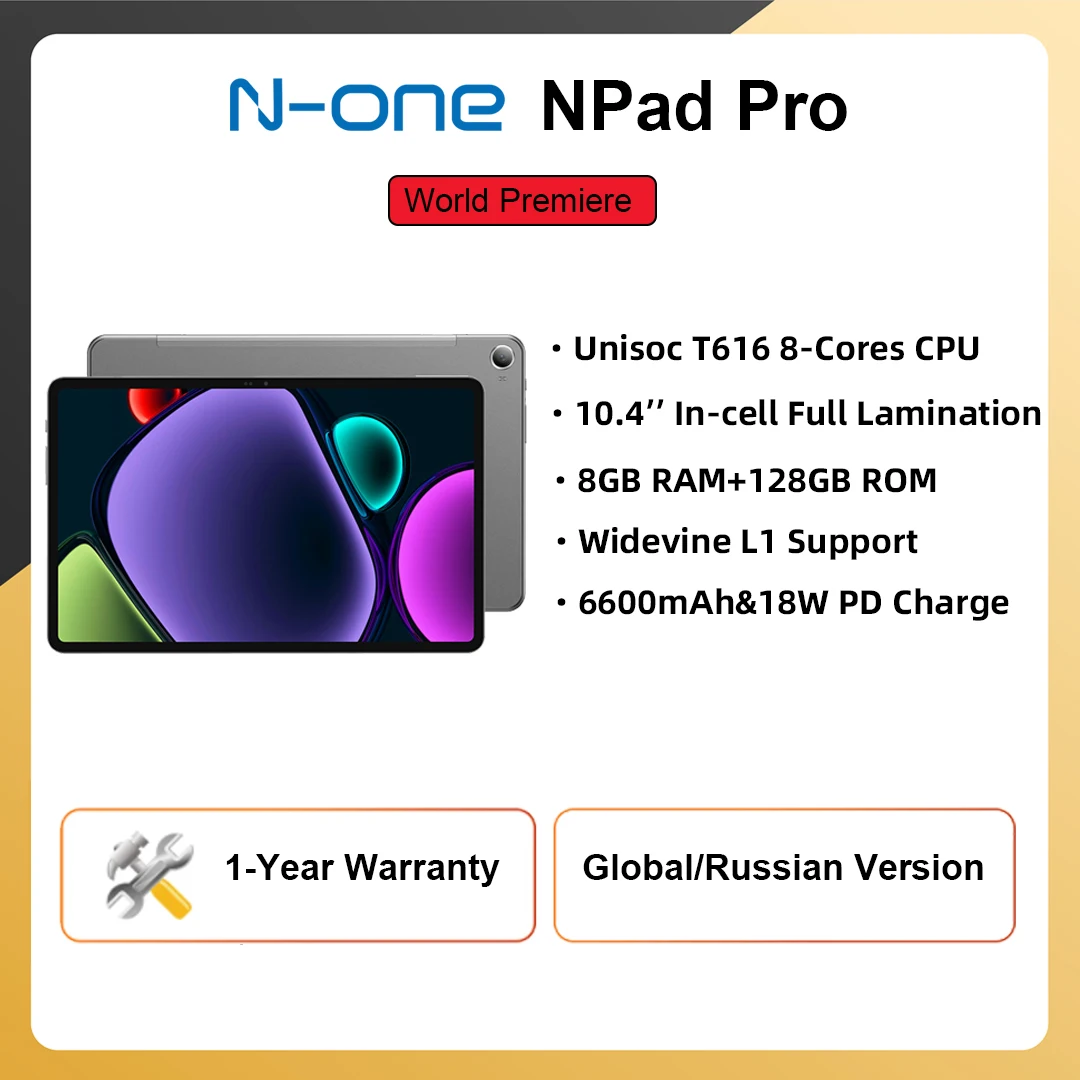

N-one NPad Pro Tablet PC 10.4'' 2000X1200 FHD UNISOC T616 8-Cores 8GB 128GB Android 12 Widevine L1 4G Network 18W PD Charging