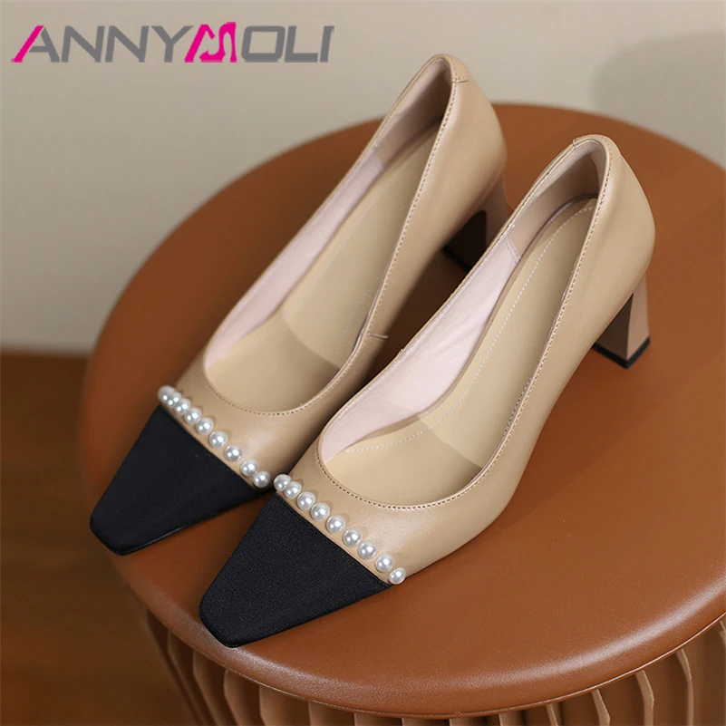 ANNYMOLI Genuine Leather Women Shoes Chunky Heels Spring Square Toe Pumps Pearl High Heels Ladies Cow Leather Shoes Apricot 39-4
ANNYMOLI Genuine Leather Women Shoes Chunky Heels Spring Square Toe Pumps Pearl High Heels Ladies Cow Leather Shoes Apricot 39-4