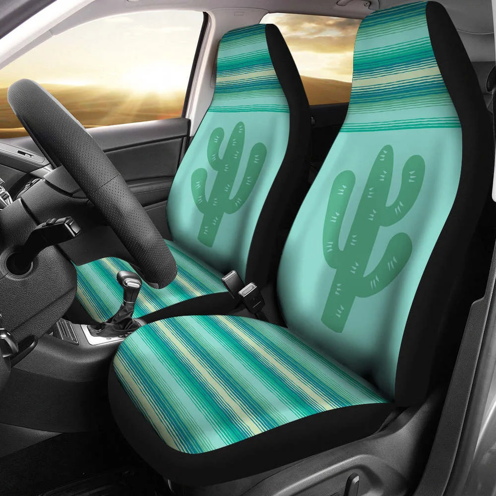 

Teal, Blue, Tan, Serape Cactus Design Car Seat Covers Set,Pack of 2 Universal Front Seat Protective Cover