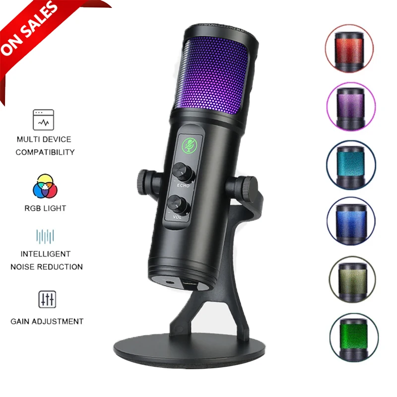Конденсаторный микрофон RGB USB профессиональный для студийной записи вокала ПК