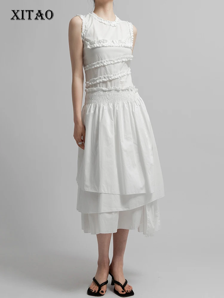 

XITAO Irregular Folds Splicing Dress Solid White Sleeveless Women Simplicity Temperament Pullover Dress Summer New SMH1978