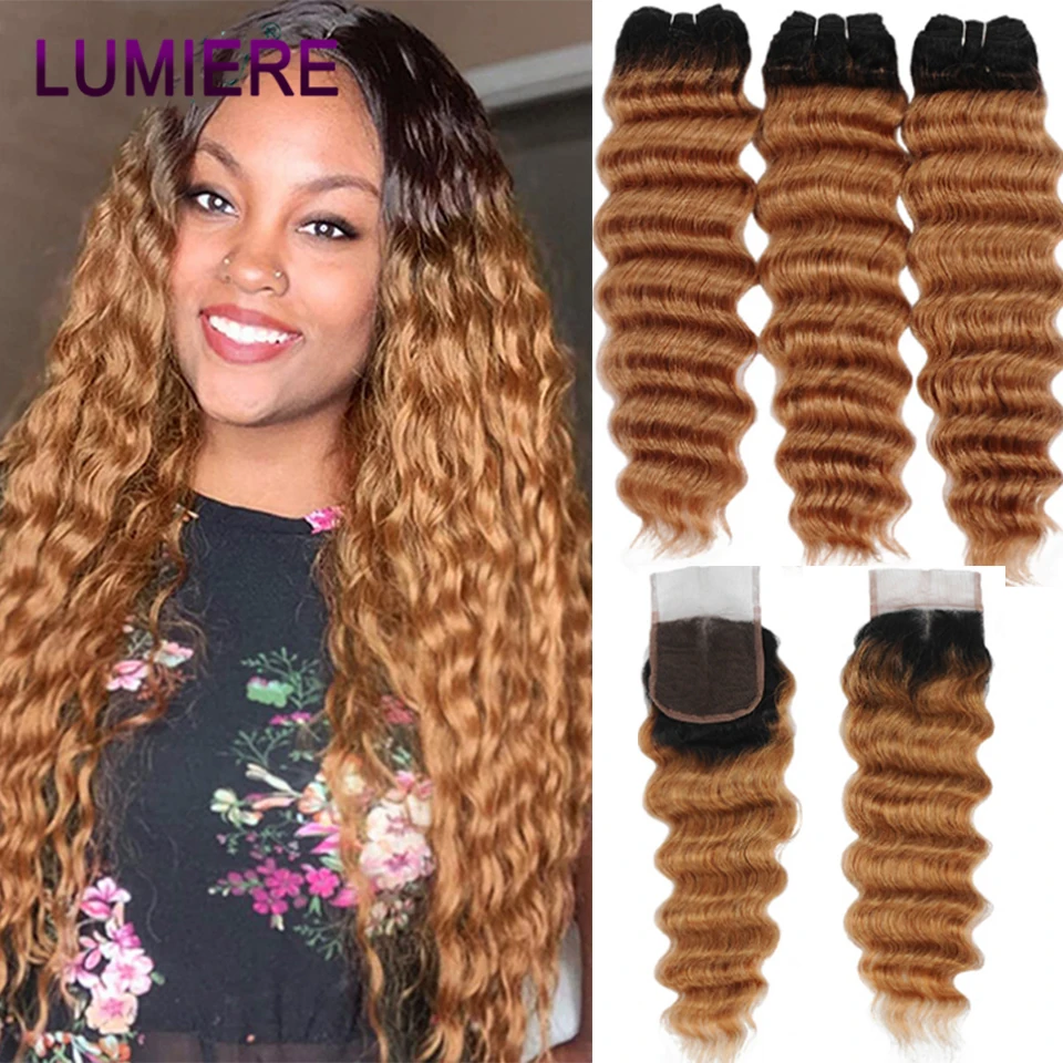 

Lumiere Hair Loose Deep Wave Bundles with Closure 1b/30/99j Ombre Color Peruvian Bundle with Closure Frontal Remy Hair Extension