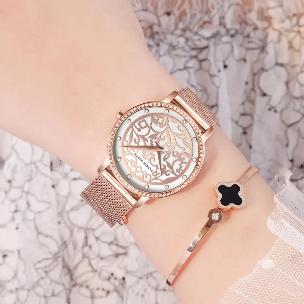 

Women Rhinestones Watches Fashion White Flower 3D Engraving Dial Face Japan Mov't Waterproof Top Luxury Brand Ladies Watches