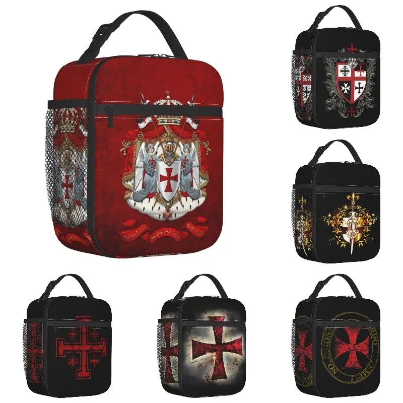 

Knights Templar Flag With Coat Of Arms Insulated Lunch Bag for Picnic Medieval Warrior Cross Cooler Thermal Bento Box Women Kids