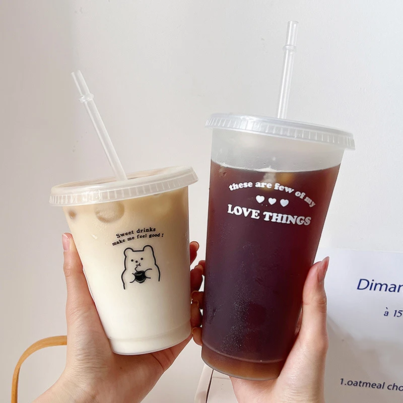 

470/700ML Cute Water Bottle With Straw Reusable Drinking Bottle BPA Free Transparent Coffee Cup Milk and Mocha Cola Juice Mugs