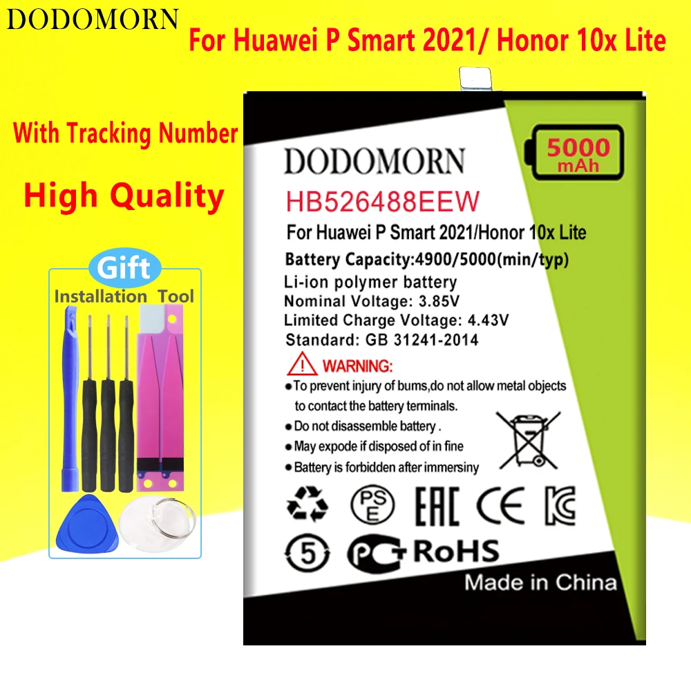 Аккумулятор DODOMORN HB526488EEW для Huawei P Smart 2021 детской модели L02B L22B/ Honor 10x Lite телефон + номер отслеживания
Аккумулятор DODOMORN HB526488EEW для Huawei P Smart 2021 детской модели L02B L22B/ Honor 10x Lite телефон + номер отслеживания