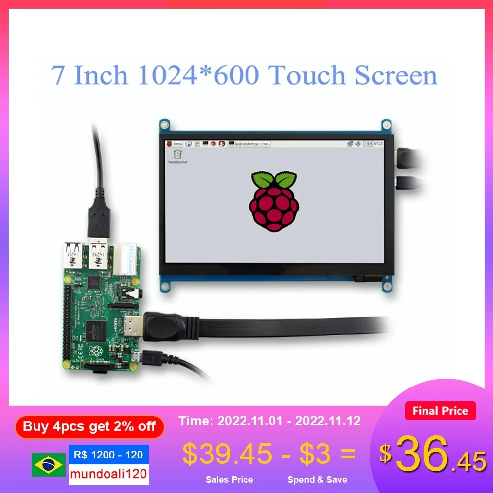Portable 1024x600 Ultra HD Display 7 Inch TFT LCD Touch Screen Panel Mini PC HDMI Monitor USB No Driver Support Raspberry Pi
Portable 1024x600 Ultra HD Display 7 Inch TFT LCD Touch Screen Panel Mini PC HDMI Monitor USB No Driver Support Raspberry Pi