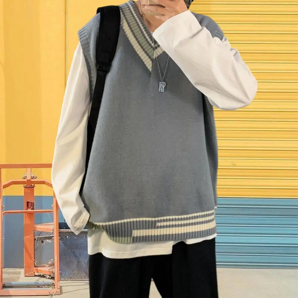 Men Vest Sweater Preppy Style Pullover Color Matching Stripe Sleeveless Loose Soft Elastic V Neck Men Autumn Sweater for School
Men Vest Sweater Preppy Style Pullover Color Matching Stripe Sleeveless Loose Soft Elastic V Neck Men Autumn Sweater for School