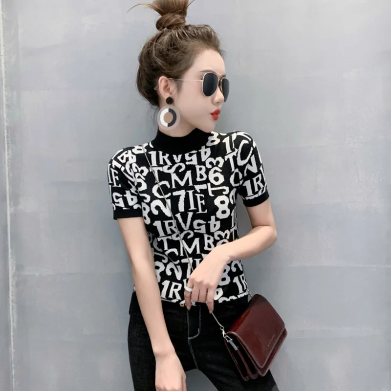 #7455 Summer Full Letters Knitted T Shirt Women Sexy Casual Half High Collar Short Sleeve T Shirt Female Skinny T Shirt For Girl
#7455 Summer Full Letters Knitted T Shirt Women Sexy Casual Half High Collar Short Sleeve T Shirt Female Skinny T Shirt For Girl