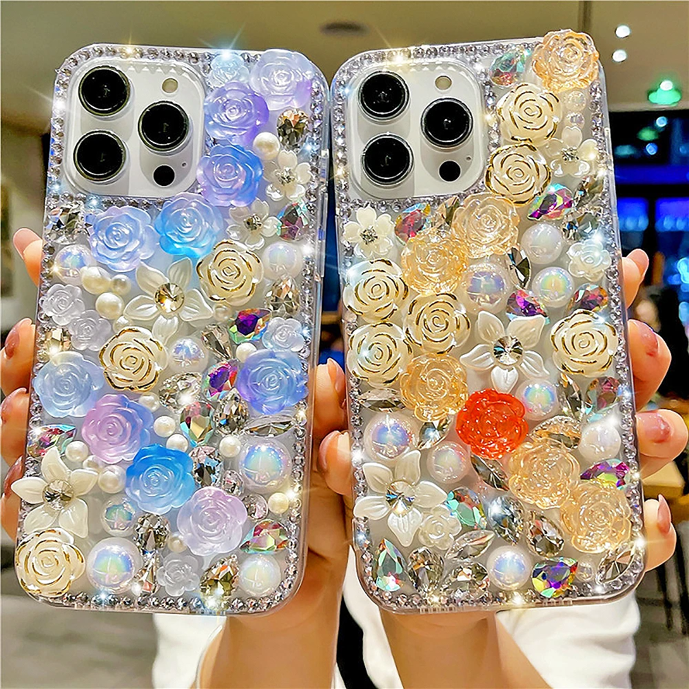 

Gradient Floral 3D Rose Pearl Diamond Transparent Phone Case For iPhone14 13 12 11Pro Max X XS XR 7 8 Plus Acrylic Protect Cover