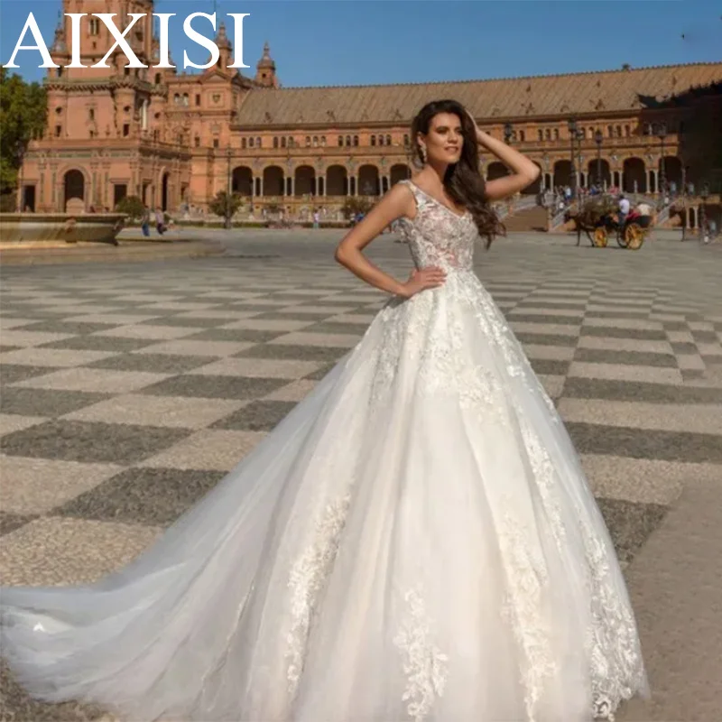 AIXISI V Neck Sleeveless Wedding Dresses For Women A Line Appliques Lace Romantic Backless Bridal Gown Vestido De Noiva
AIXISI V Neck Sleeveless Wedding Dresses For Women A Line Appliques Lace Romantic Backless Bridal Gown Vestido De Noiva