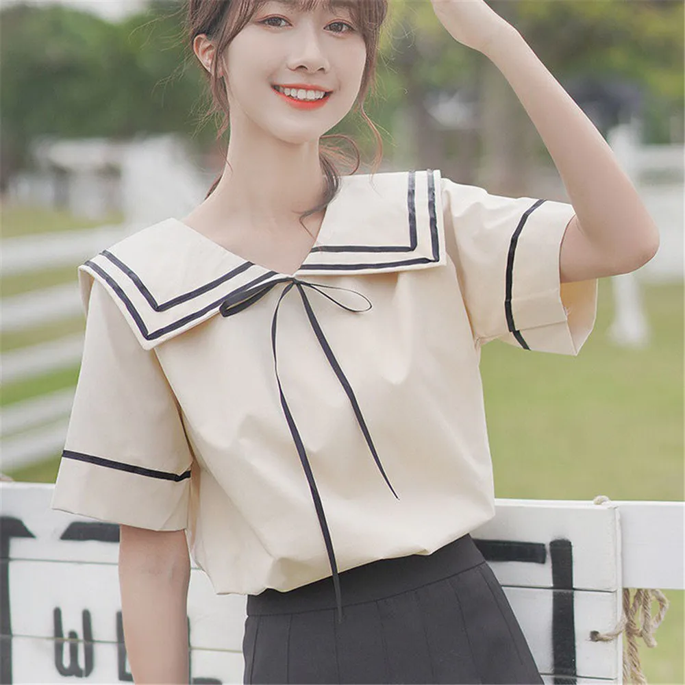 Loose White Korean T-Shirt Harajuku Funny Sailor Collar Tops Fashion Japan Student Women Clothes Summer Solid T Shirt Girl
Loose White Korean T-Shirt Harajuku Funny Sailor Collar Tops Fashion Japan Student Women Clothes Summer Solid T Shirt Girl