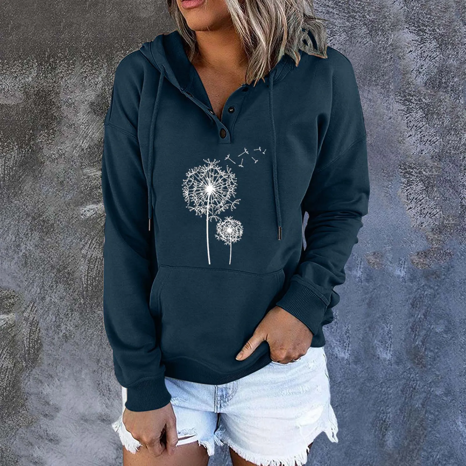Ladies Long Sleeve Button Sweatshirt Print Hooded Drawstring Pocket Loose Womens Pullover Hoodies with Pockets over Hoodies
Ladies Long Sleeve Button Sweatshirt Print Hooded Drawstring Pocket Loose Womens Pullover Hoodies with Pockets over Hoodies
