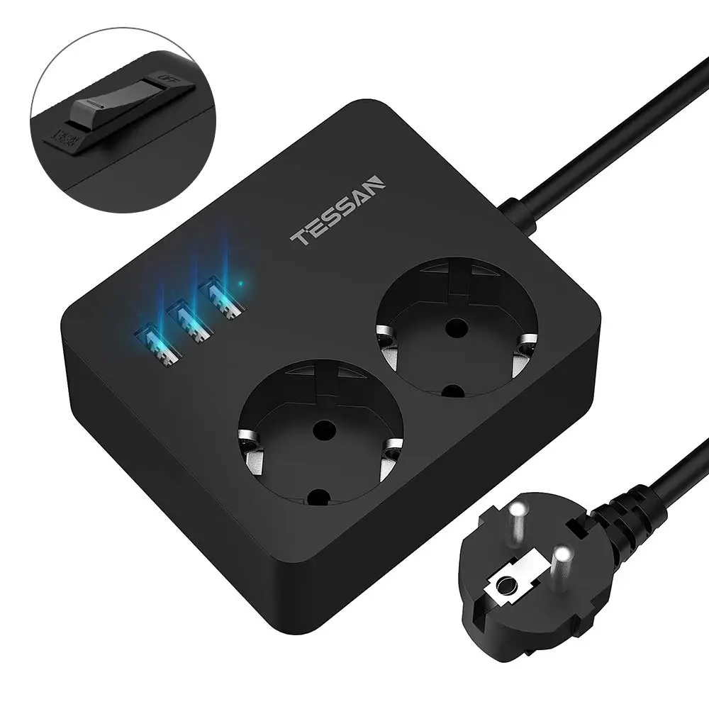 TESSAN EU Standard Power Strip with 2 AC Outlets and 3 USB Charging Ports On/Off Switch 1.5m Extension Cable Overload Protection
TESSAN EU Standard Power Strip with 2 AC Outlets and 3 USB Charging Ports On/Off Switch 1.5m Extension Cable Overload Protection