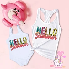 Hello Summer Family Matching Outfits Mommy Shirt Baby Girl Swimwear Family Clothes Vacation Family Tee Family Travel Best Gift