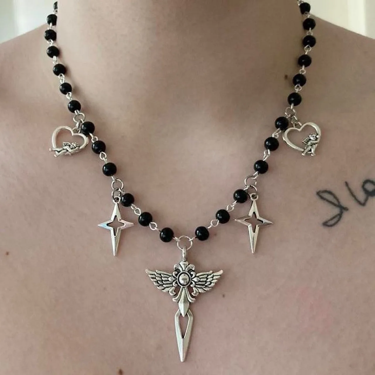 Gothic Rosary Necklace Angel Pendant Fashion Heart Star Fringe Necklace For Women Girls Dark Choker Jewelry Accessories Gifts
Gothic Rosary Necklace Angel Pendant Fashion Heart Star Fringe Necklace For Women Girls Dark Choker Jewelry Accessories Gifts