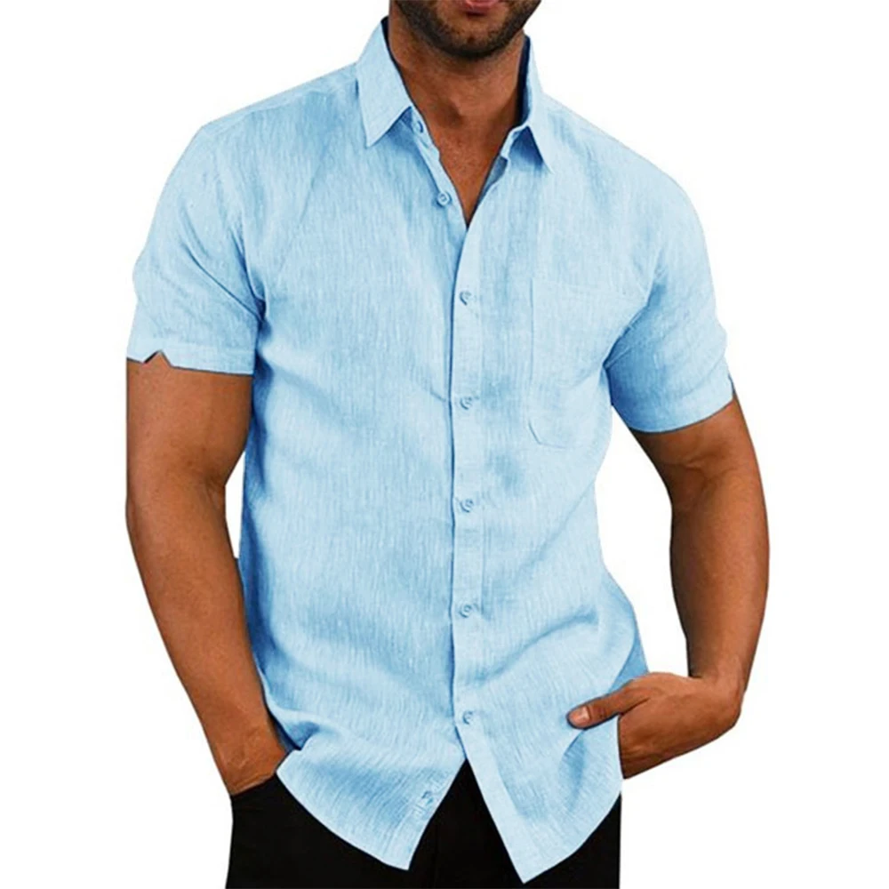 

Men's Short Sleeve Shirts 100% Cotton Linen Summer Solid Color Lapel Casual Beach Style Short Sleeve Button Men's Shirts Mens