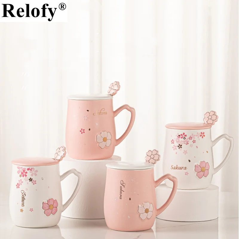 

400ml Ceramic Coffee Cups with Lid and Spoon Office Mug Creative Flower Coffee Mugs Breakfast Milk Juice Tea Cup Drinkware