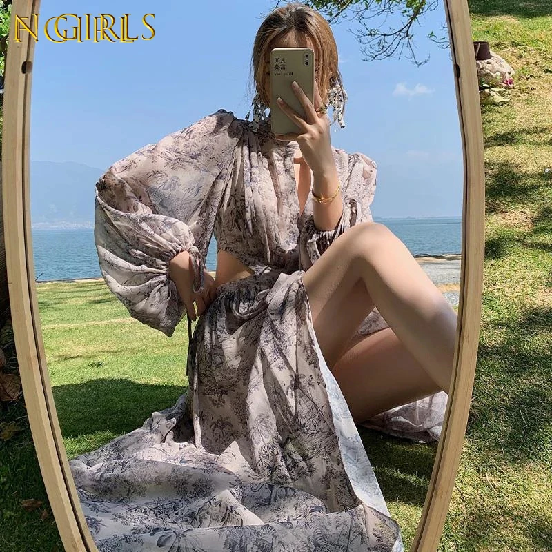 N GIRLS Vintage Beach Floral Maxi Dress Women Elegant Hollow Out Korean Holiday Split Dress Female Casual Long Sleeve Fairy Part
N GIRLS Vintage Beach Floral Maxi Dress Women Elegant Hollow Out Korean Holiday Split Dress Female Casual Long Sleeve Fairy Part