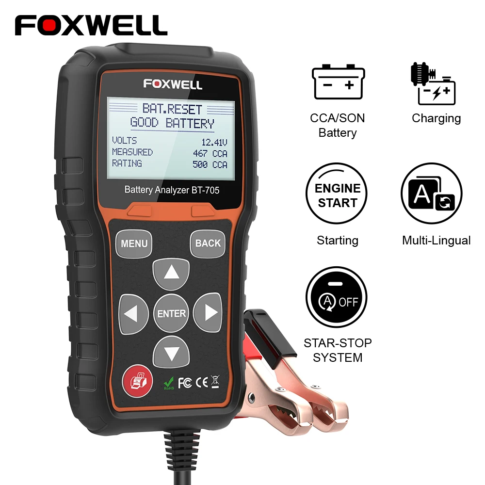 FOXWELL BT705 100-2000CCA Battery Analyzer Tester for Cars Trucks 12V-24V Car Cranking and Charging System Test Diagnostic Tool
FOXWELL BT705 100-2000CCA Battery Analyzer Tester for Cars Trucks 12V-24V Car Cranking and Charging System Test Diagnostic Tool