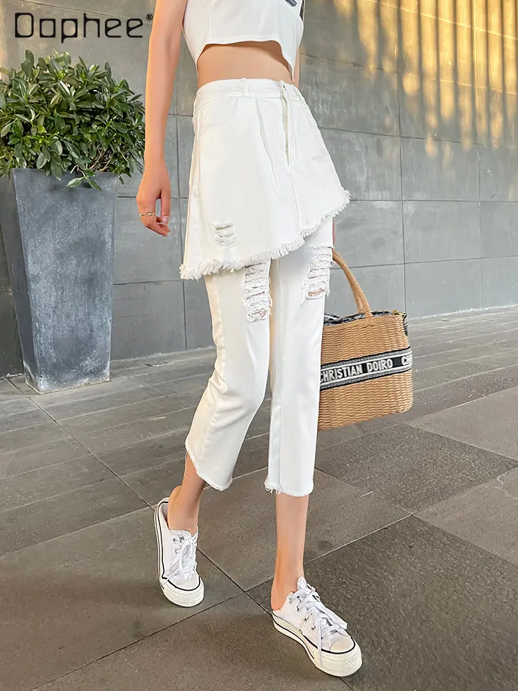 

Summer Fake Two-Piece Jeans High Waist Slimming Frayed Pantskirt Ripped Stretch Cropped Pants Skinny Pants Women's Fashion