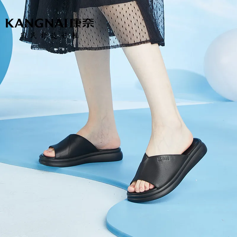 Сланцы Kangnai женские из натуральной кожи, однотонные шлепанцы на плоской подошве, без застежки, Пляжная Летняя обувь 
Сланцы Kangnai женские из натуральной кожи, однотонные шлепанцы на плоской подошве, без застежки, Пляжная Летняя обувь