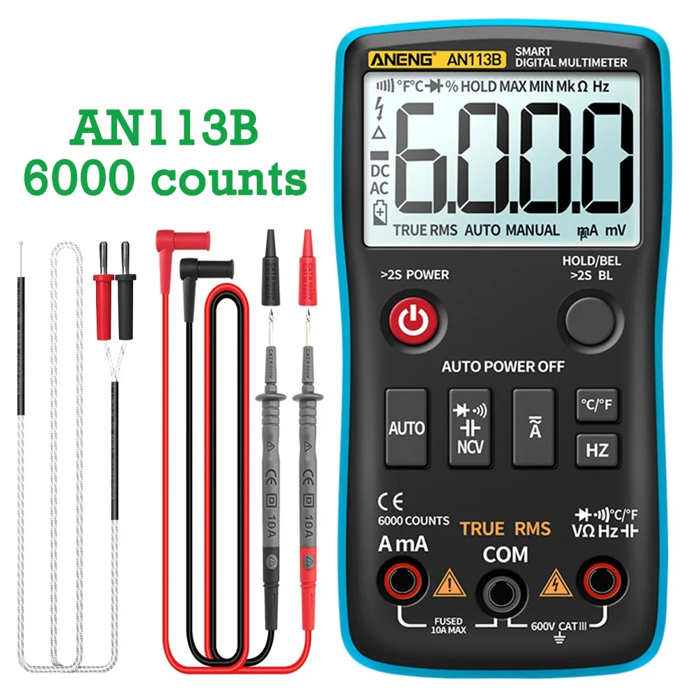 ANENG AN113B Professional Digital Multimeter True RMS 6000 Counts Auto-Ranging AC/DC Voltage Meter Transistor Tester Electrician
ANENG AN113B Professional Digital Multimeter True RMS 6000 Counts Auto-Ranging AC/DC Voltage Meter Transistor Tester Electrician