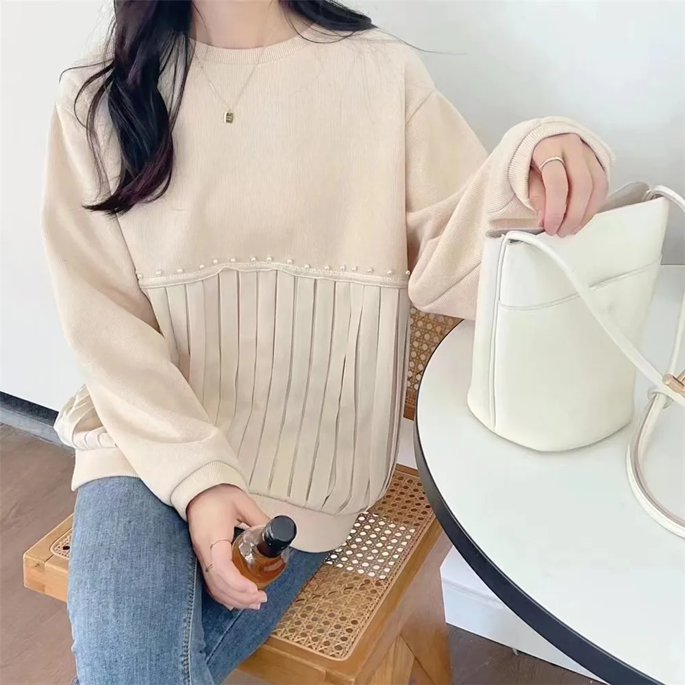 Women's Hoodies Round Neck Beaded Pleated Stitching Long Sleeve Casual Loose Sweater Casual Fashion Spring Autumn Lady Hoodie
Women's Hoodies Round Neck Beaded Pleated Stitching Long Sleeve Casual Loose Sweater Casual Fashion Spring Autumn Lady Hoodie
