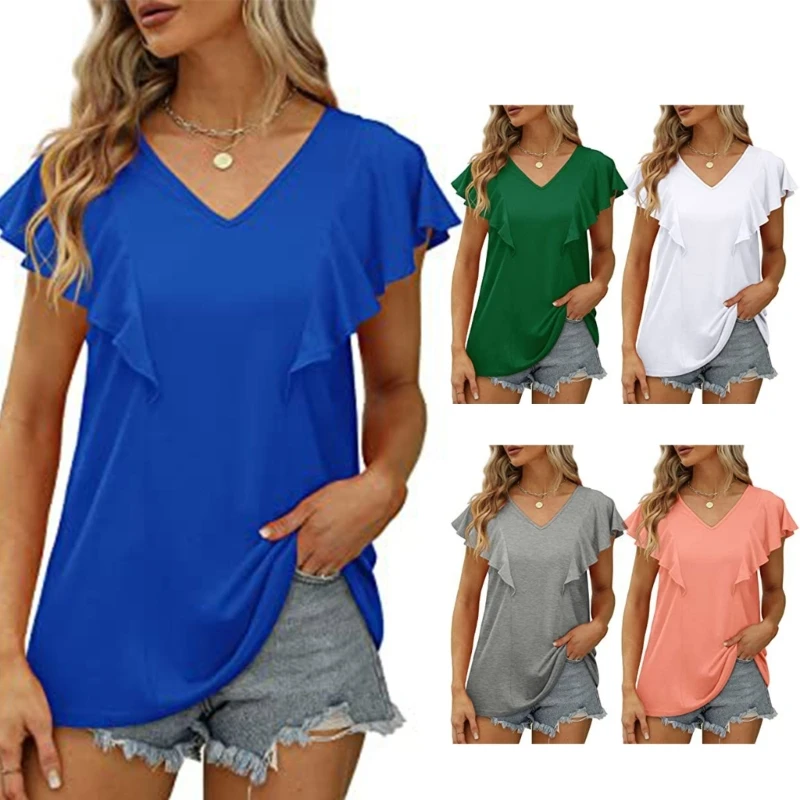 

Women Summer Ruffle Trim Flutter Short Sleeve T-Shirts Casual V-Neck Plain Solid Color Loose Fit Tunic Top Blouses S-2XL