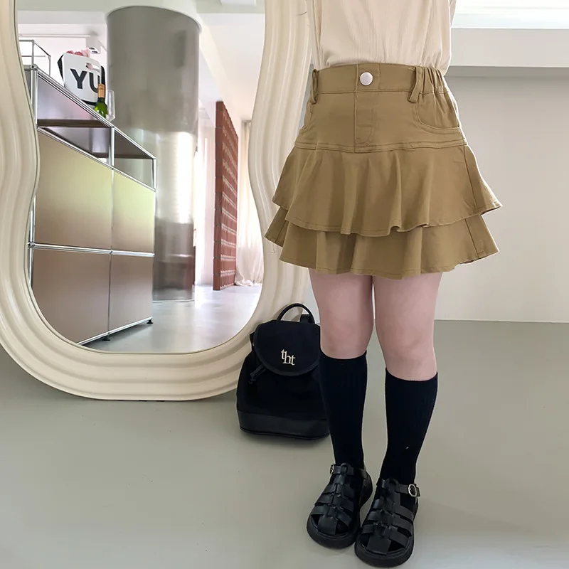 

Korean style kids clothes baby girls pleated skirt khaki cotton skort bottoms toddler streetwear ruffles ruched 2 to 12 yrs