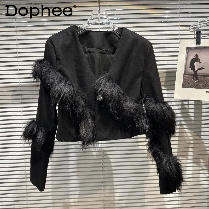 2022 Winter New Arrival Long Sleeve V Neck Faux Fur Patchwork Diamonds Buttons Black Blazer Jacket Women
2022 Winter New Arrival Long Sleeve V Neck Faux Fur Patchwork Diamonds Buttons Black Blazer Jacket Women