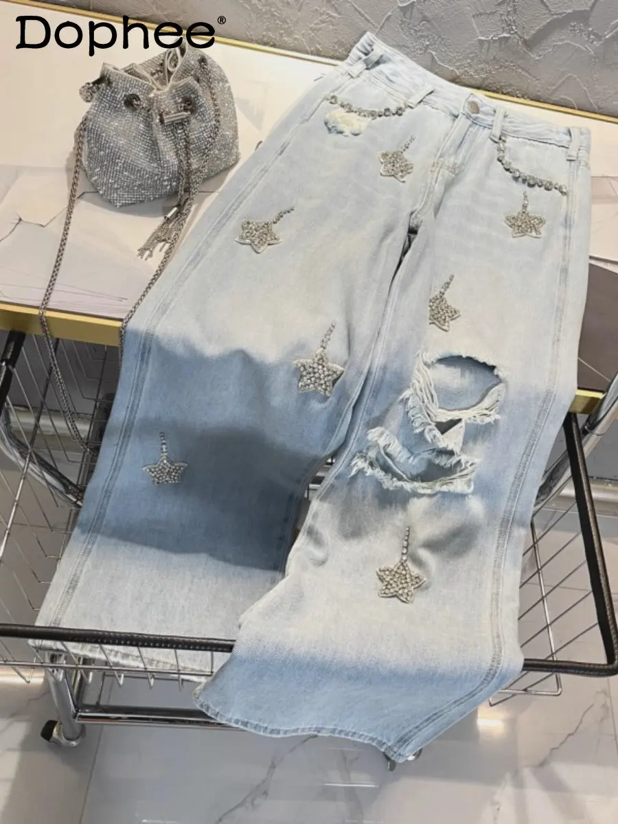 Fashion Five-Pointed Star Beaded Diamond Ripped Jeans Design Straight Baggy Pants 2023 Summer New Oversized Mop Trousers Women
Fashion Five-Pointed Star Beaded Diamond Ripped Jeans Design Straight Baggy Pants 2023 Summer New Oversized Mop Trousers Women