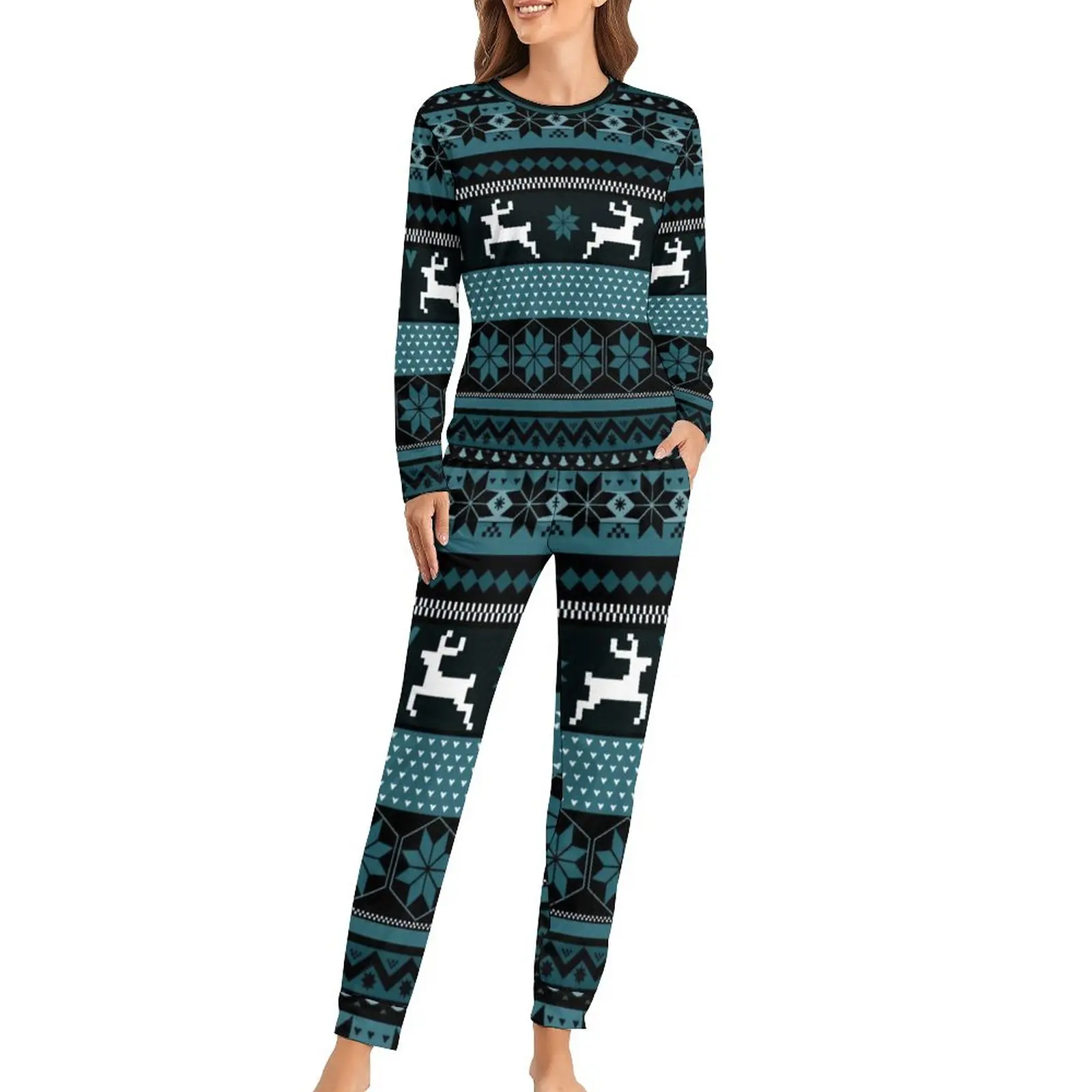 Christmas Nordic Animal Pajamas Long Sleeve Teal Fair Isle Print Casual Pajama Sets Soft Sleepwear Oversized Graphic Home Suit
Christmas Nordic Animal Pajamas Long Sleeve Teal Fair Isle Print Casual Pajama Sets Soft Sleepwear Oversized Graphic Home Suit