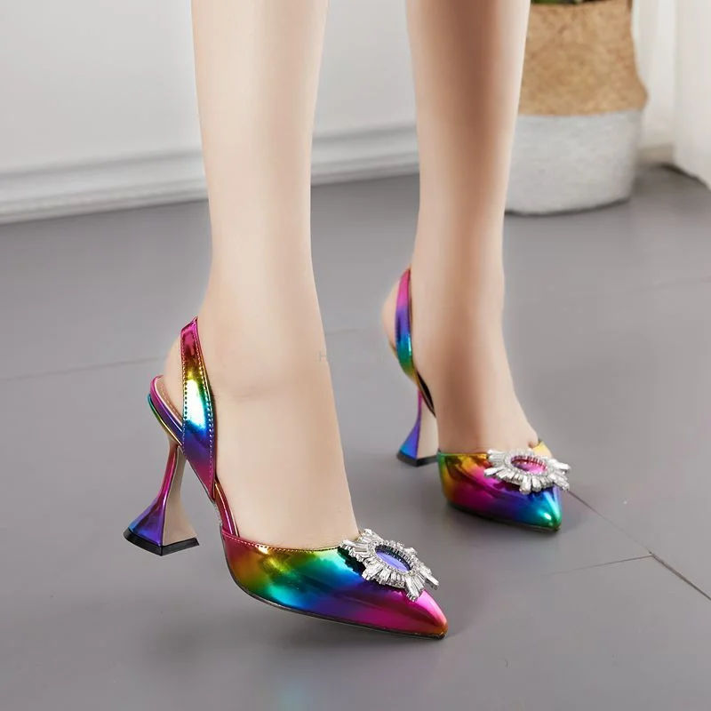 Western Style Rainbow Color Women Sandals Pointed Toe Sun Style Rhinestone High Heels Weeding Shoes Spike Heel Slingback Pumps
Western Style Rainbow Color Women Sandals Pointed Toe Sun Style Rhinestone High Heels Weeding Shoes Spike Heel Slingback Pumps