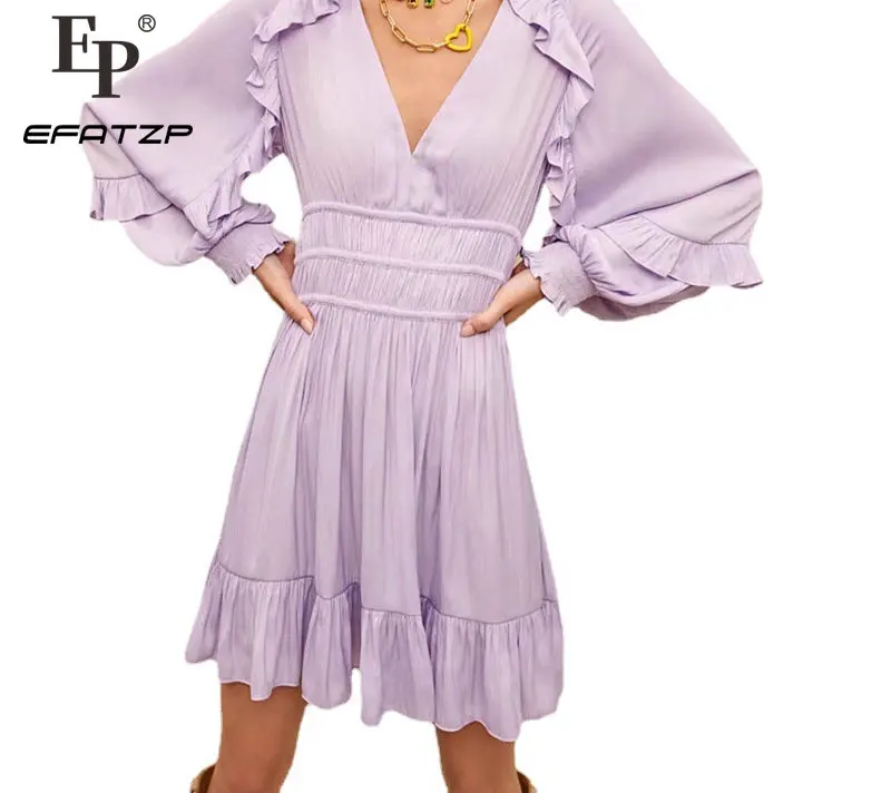 

Efatzp весна-лето Фиолетовое Атласное платье с рюшами рукава-фонарики V-образный вырез Талия пикантное короткое платье 2023 новый французский ро...