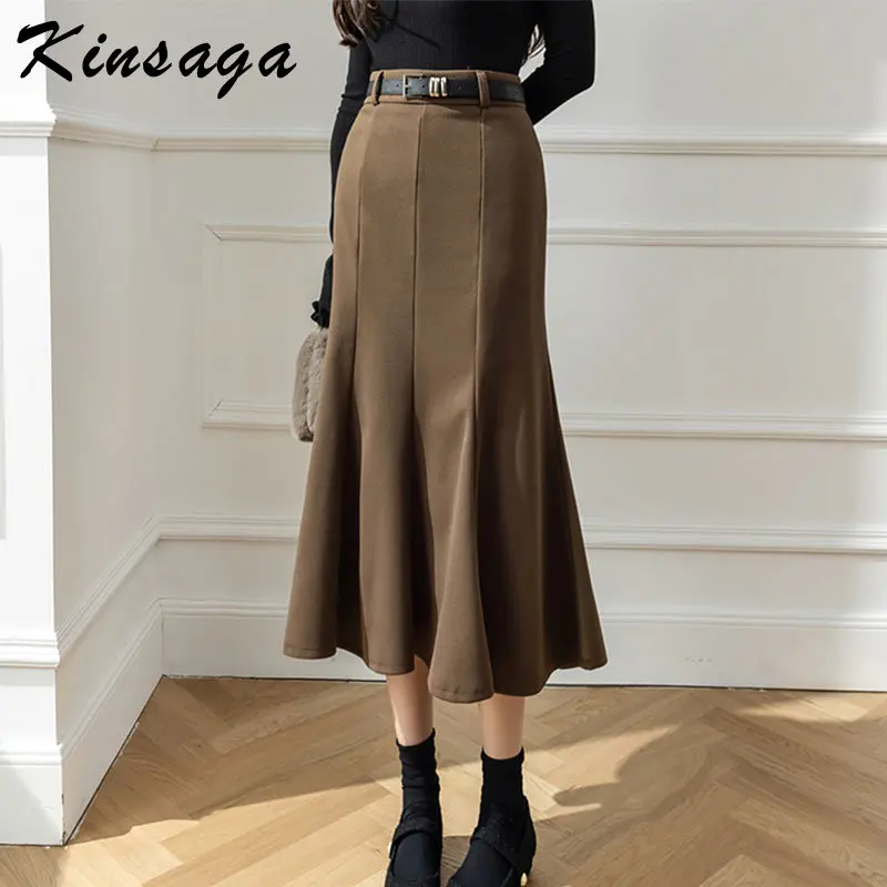 Women Elegant Woolen Mermaid Skirts Women Korean Fashion High Waist Brown Midi Skirt with Belt Casual Loose Ruffles A-line Skirt
Women Elegant Woolen Mermaid Skirts Women Korean Fashion High Waist Brown Midi Skirt with Belt Casual Loose Ruffles A-line Skirt