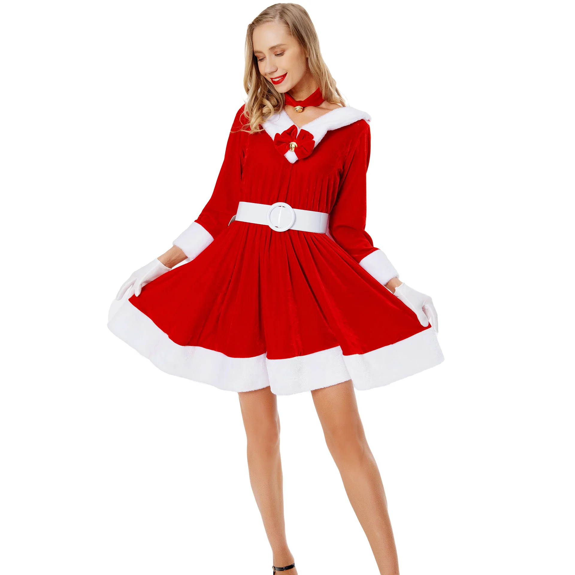 Women Christmas Santa Cosplay Dress Patchwork Long Ears Hooded Dress Stage Show Party Costume with Gloves Belt and Choker
Women Christmas Santa Cosplay Dress Patchwork Long Ears Hooded Dress Stage Show Party Costume with Gloves Belt and Choker