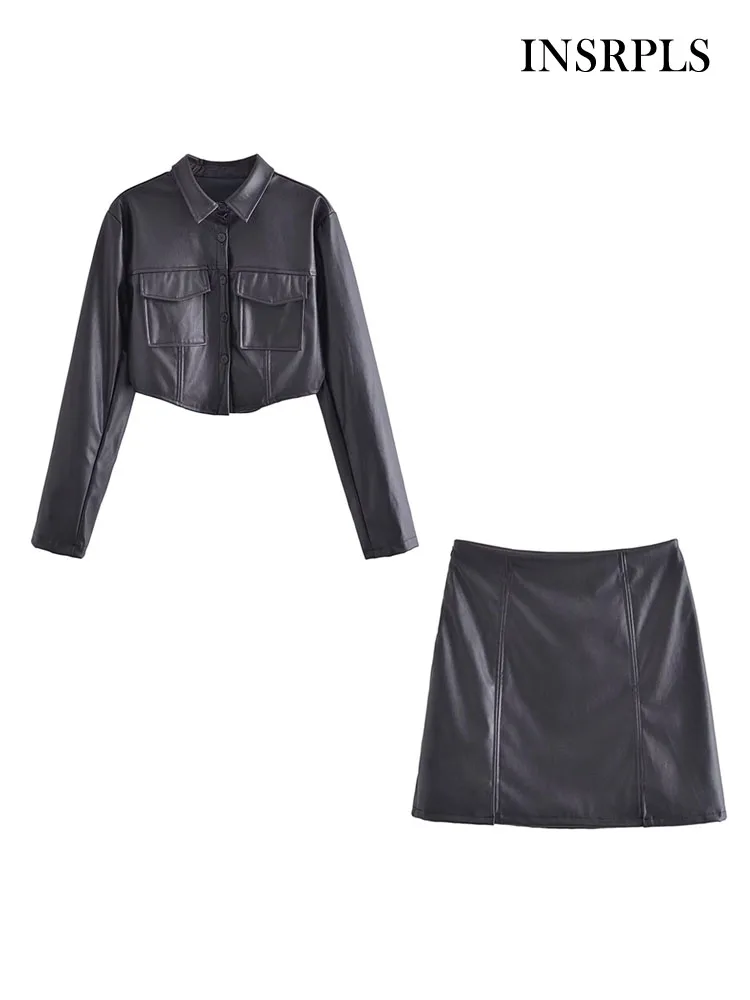 INSRPLS Women Fashion Faux Leather Cropped Jacket Coat And High Waist Front Slit Mini Skirt Female Two Piece Sets Mujer
INSRPLS Women Fashion Faux Leather Cropped Jacket Coat And High Waist Front Slit Mini Skirt Female Two Piece Sets Mujer