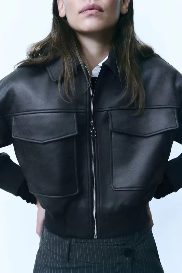 Women's Imitation Leather Zipper Pocket Bomber Jacket Coat Women Solid Color Black Long Sleeve Basic 2023 Autumn and Winter Wome
Women's Imitation Leather Zipper Pocket Bomber Jacket Coat Women Solid Color Black Long Sleeve Basic 2023 Autumn and Winter Wome