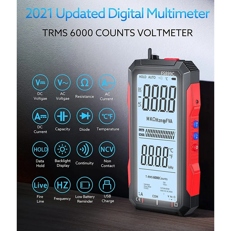 Digital Multimeter Tester, 4.7Inch Screen Voltmeter Amp Tester Auto Ranging 6000 Counts Measures AC/DC Voltage Current
Digital Multimeter Tester, 4.7Inch Screen Voltmeter Amp Tester Auto Ranging 6000 Counts Measures AC/DC Voltage Current