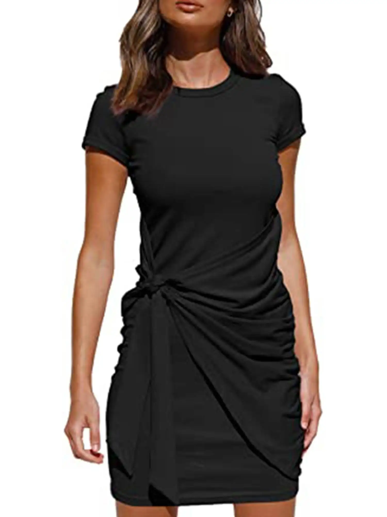 Women Round Neck Bodycon Dress Ladies Pleated Sheath Tie Up Dresses CasualClose Summer Short Sleeve Solid Color Mini Dress
Women Round Neck Bodycon Dress Ladies Pleated Sheath Tie Up Dresses CasualClose Summer Short Sleeve Solid Color Mini Dress