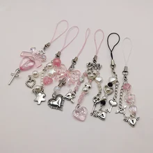 Pink Y2K Phone Charms Pendant Kawaii Key Chain For Bag iPhone Samsung Cute Accessories Women Girl Strap Lanyard Beaded Ins Korea