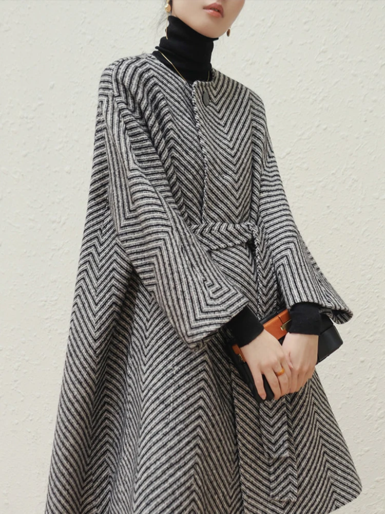 

Autumn Winter Black and White Zigzag Woolen Coat Women Sashes A Line Loose Elegant Stylish Runway Korean Fashion 2023