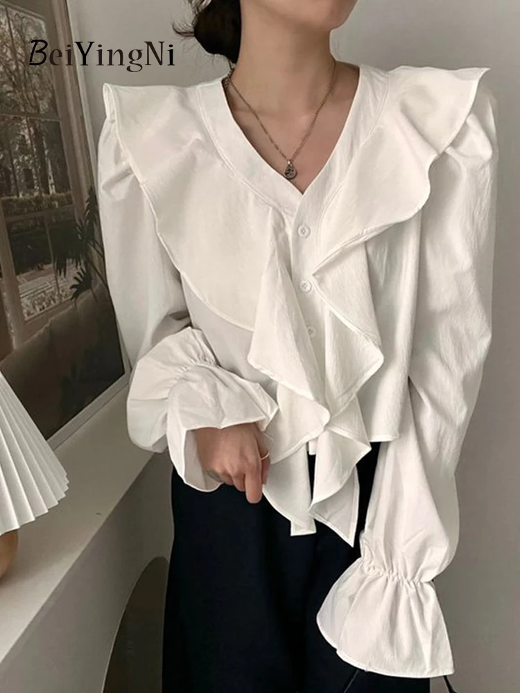 

Beiyingni Chic Korean V-neck Blusas Women Ruffles Elegant Fashionable Flare Sleeve Female Blouses And Tops French White Shirts