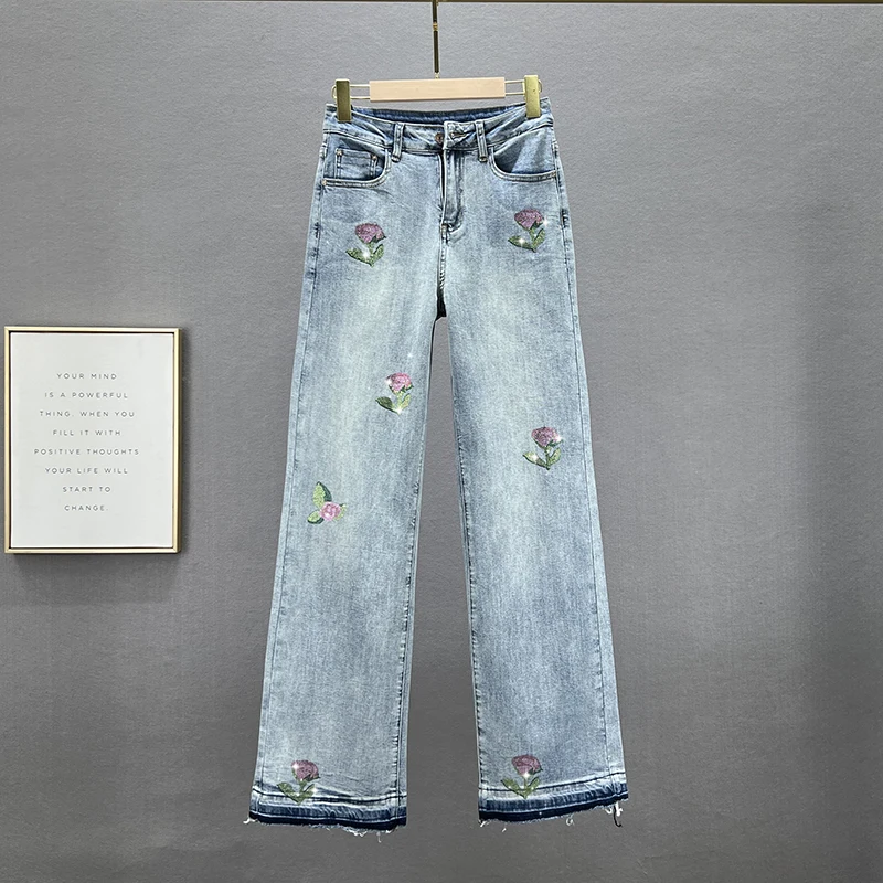 

Jeans Women's Wide-Leg Pants 2023 New Spring Denim Trouser Female Jean High Waist Loose Hot Drilling Print Flower Mop Trousers