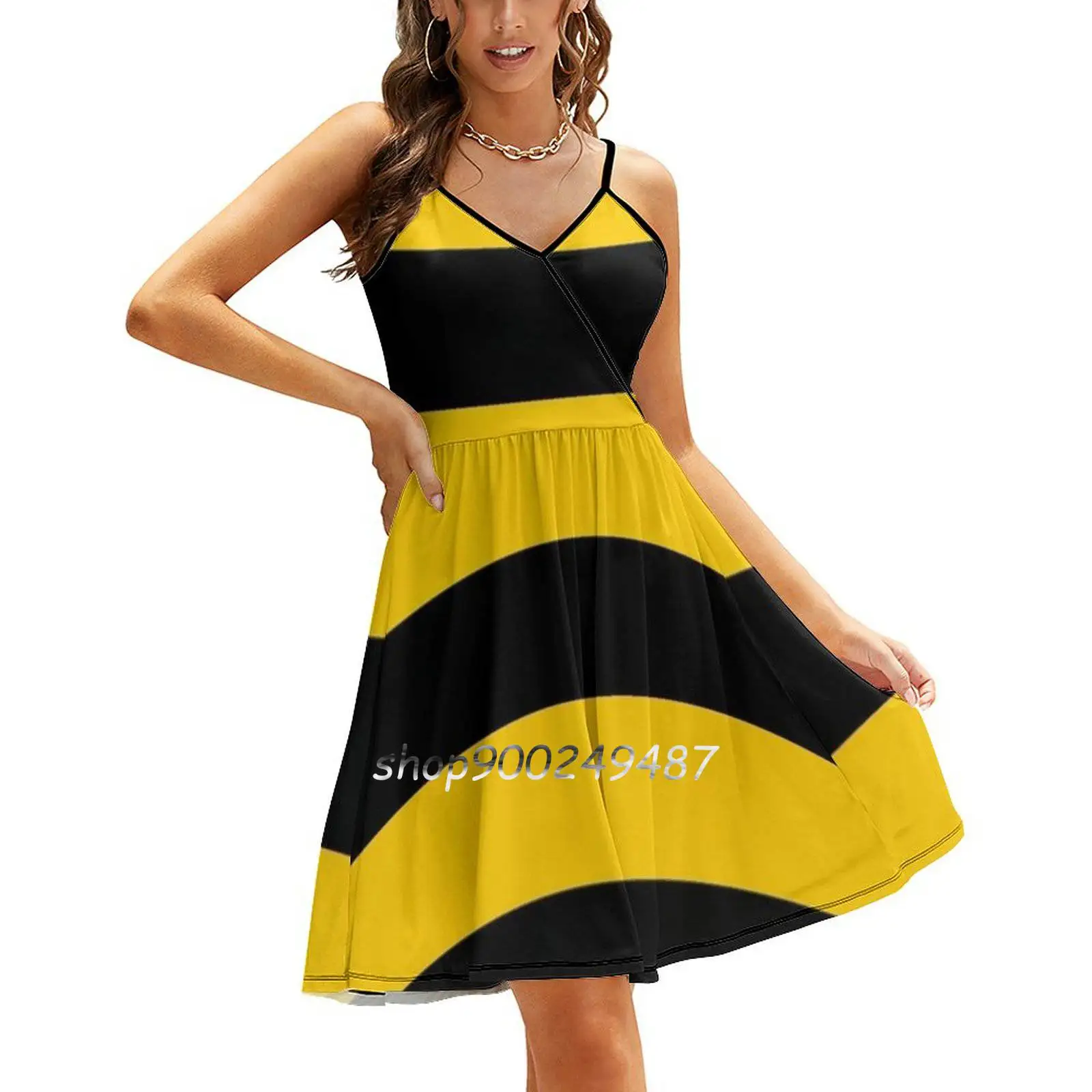

Bee Pattern Black And Yellow Stripes Sling Dress Women Summer Printing Condole Belt Dresses Pattern Background Insect Bee
