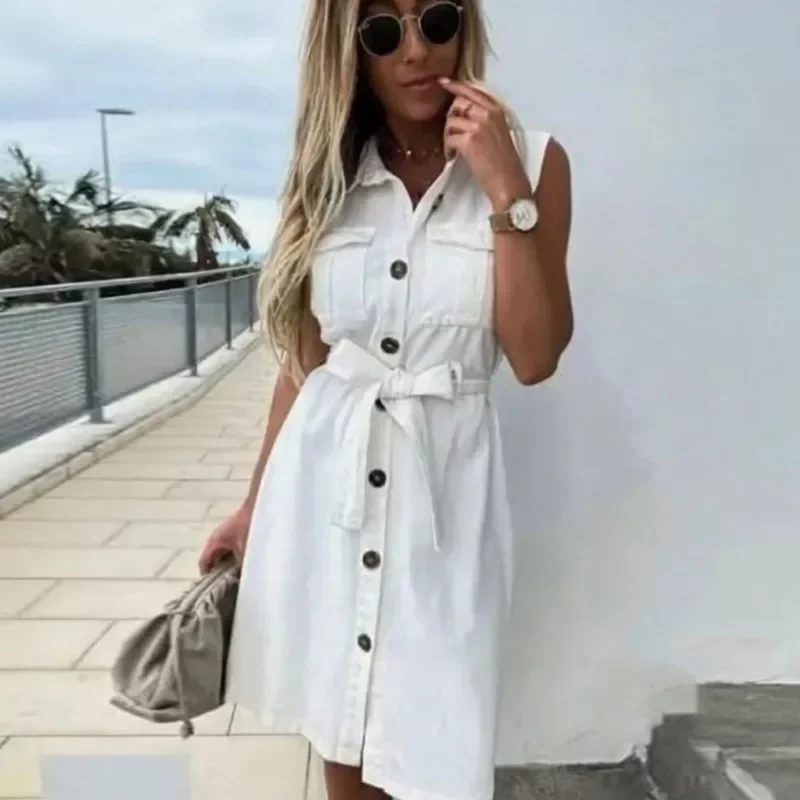 Women Vintage Front Button Sashes Sheath Party Dress Sleeveless Turn Down Collar Casual Mini Dress 2022 Summer Fashion New Dress 
Women Vintage Front Button Sashes Sheath Party Dress Sleeveless Turn Down Collar Casual Mini Dress 2022 Summer Fashion New Dress