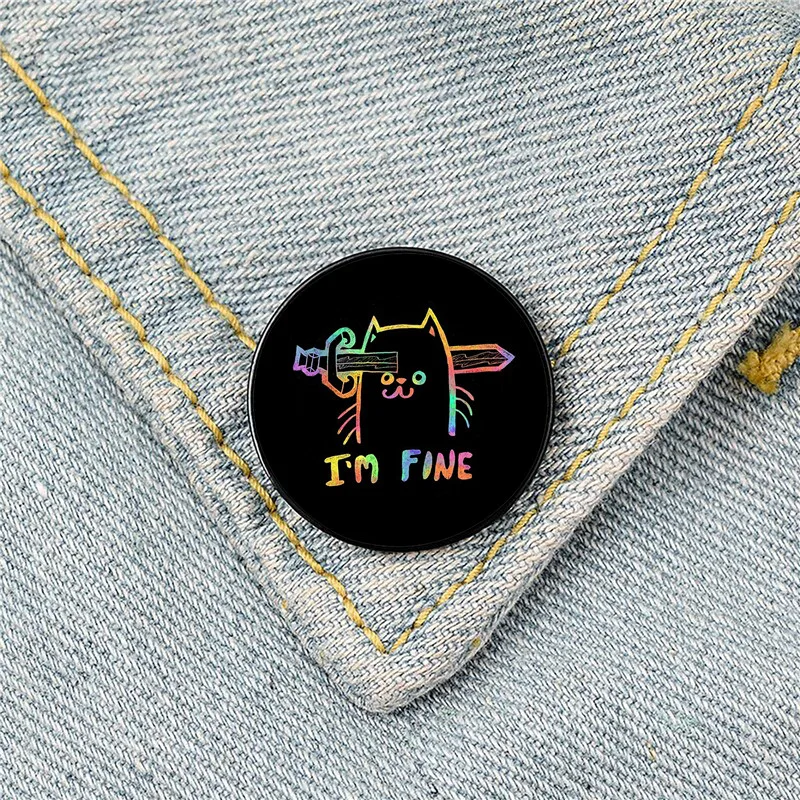 I'm Fine cat holding knife Pin Custom Funny Brooches Shirt Lapel Bag Cute Badge Cartoon Cute Jewelry Gift for Lover Girl Friends
I'm Fine cat holding knife Pin Custom Funny Brooches Shirt Lapel Bag Cute Badge Cartoon Cute Jewelry Gift for Lover Girl Friends
