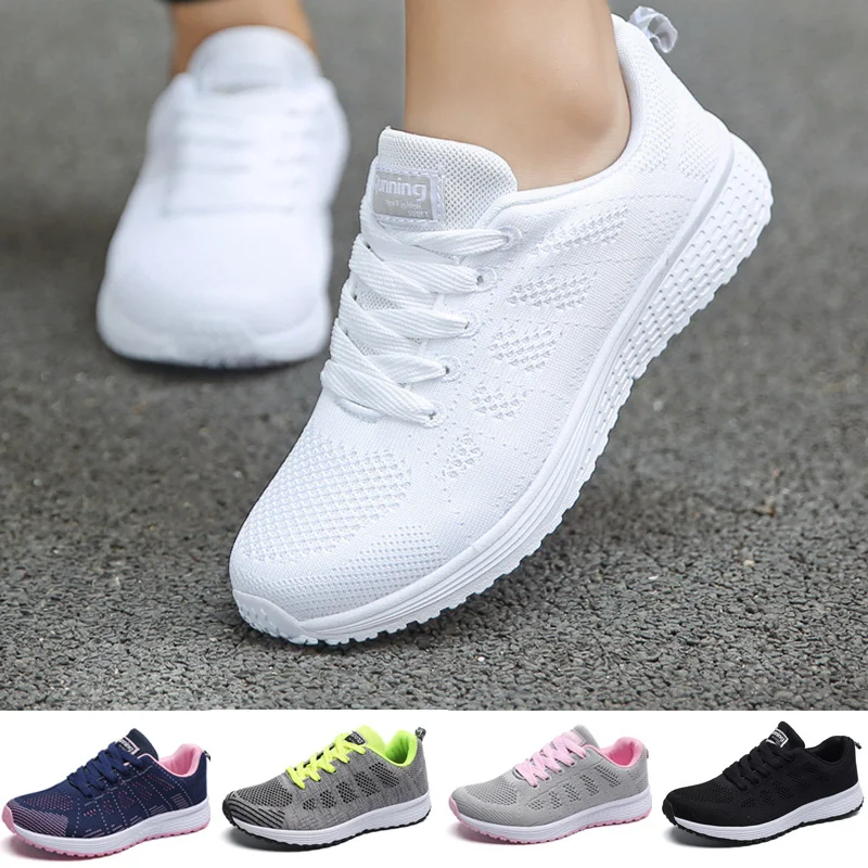

Кроссовки женские из дышащего сетчатого материала, повседневная обувь для ходьбы, плоская подошва, теннисная обувь, белые, 2021